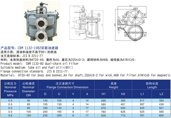 船用雙聯油濾器(圖1) 船用雙聯油濾器