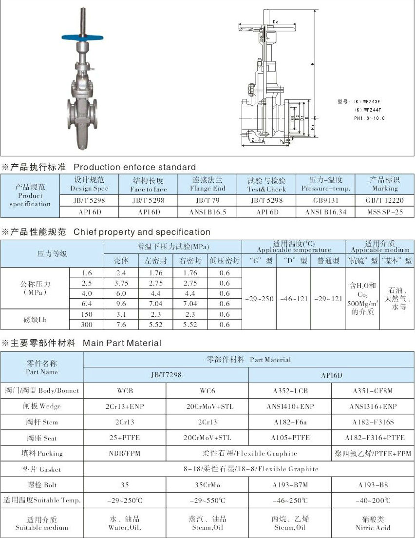 平板閘閥尺寸規(guī)格說明書Z43F平板閘閥